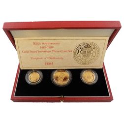 Pre-Owned 1989 UK 500th Anniversary Full Sovereign Proof Gold 3-Coin Set