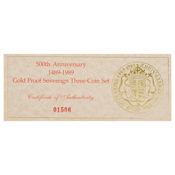 Pre-Owned 1989 UK 500th Anniversary Sovereign Proof Gold 3-Coin Set