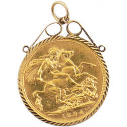 Pre-Owned 1894 London Mint Victoria 'Veiled Head' Full Sovereign Gold Coin in 9ct Mount
