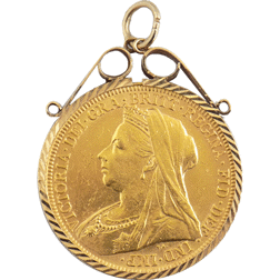 Pre-Owned 1894 London Mint Victoria 'Veiled Head' Full Sovereign Gold Coin in 9ct Mount