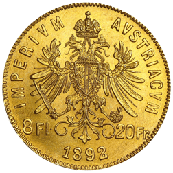 Pre-Owned 1892 Austrian 20 Franc 8 Florins Gold Coin