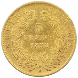 Pre-Owned 1858 French Napoleon III Wreath 5 Franc Gold Coin