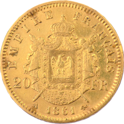 Pre-Owned 1861 French 20 Franc Napoleon III Gold Coin