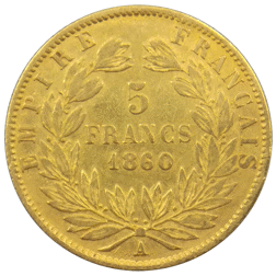 Pre-Owned 1860 French Napoleon III Wreath 5 Franc Gold Coin