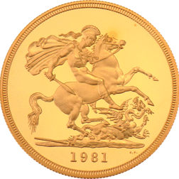 Pre-Owned 1981 UK Proof Quintuple £5 Sovereign Gold Coin