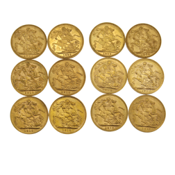 Pre-Owned UK Three Monarchs Sovereign Mintmark Gold 12-Coin Set
