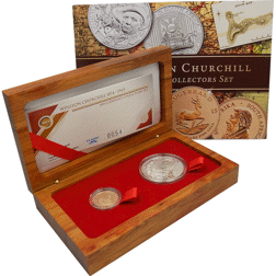 Pre-Owned 2015 South African Churchill Krugerrand 1/4oz Gold Proof Coin & 1oz Silver Medallion Set