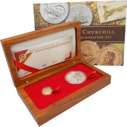 Pre-Owned 2015 South African Churchill Krugerrand 1/10oz Proof Gold Coin and 1oz Silver Medallion Se