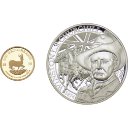 Pre-Owned 2015 South African Churchill Krugerrand 1/10oz Proof Gold Coin and 1oz Silver Medallion Se