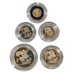 Pre-Owned 2011 UK Quintuple, Double, Full, Half And Quarter Gold Proof Sovereign Five Coin Set