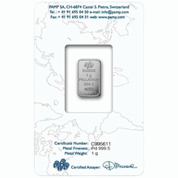 Pre-Owned PAMP Suisse Fortuna 1g Palladium Bar - Certificated