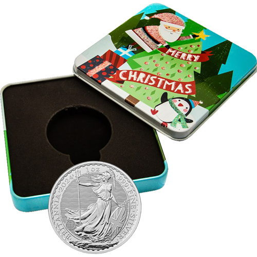 2024 Britannia 1oz Silver Coin in Christmas Tree Tin Gift Box 1oz