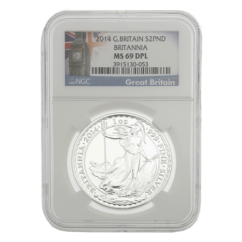 Pre-Owned 2014 UK Britannia 1oz Silver Coin NGC MS 69 DPL 3915130