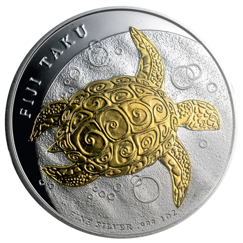 Pre-Owned 2010 Fiji Taku Turtle Gilded 1oz Silver Coin - VAT