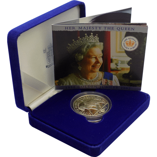 PreOwned 2002 UK Golden Jubilee Silver Proof Crown VAT Free Out Of