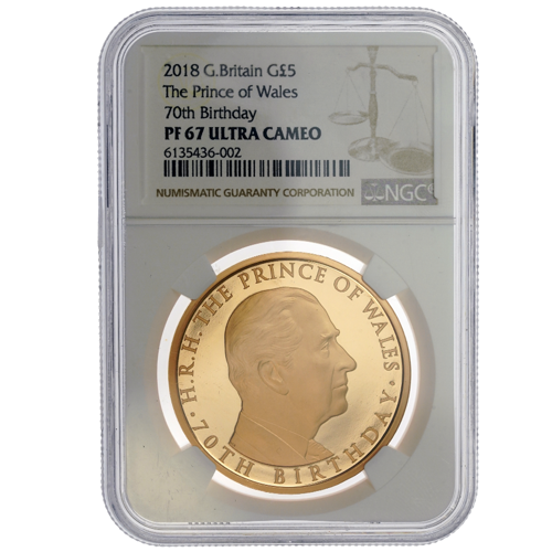 Pre-Owned 2018 UK Prince of Wales 70th Birthday £5 Proof