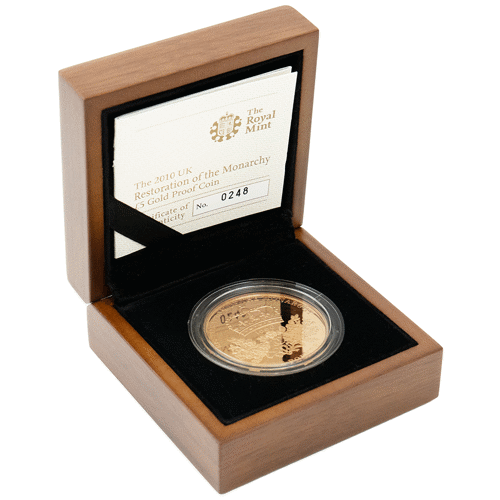 Pre-Owned 2010 'Restoration of the Monarchy' £5 Proof Gold Coin