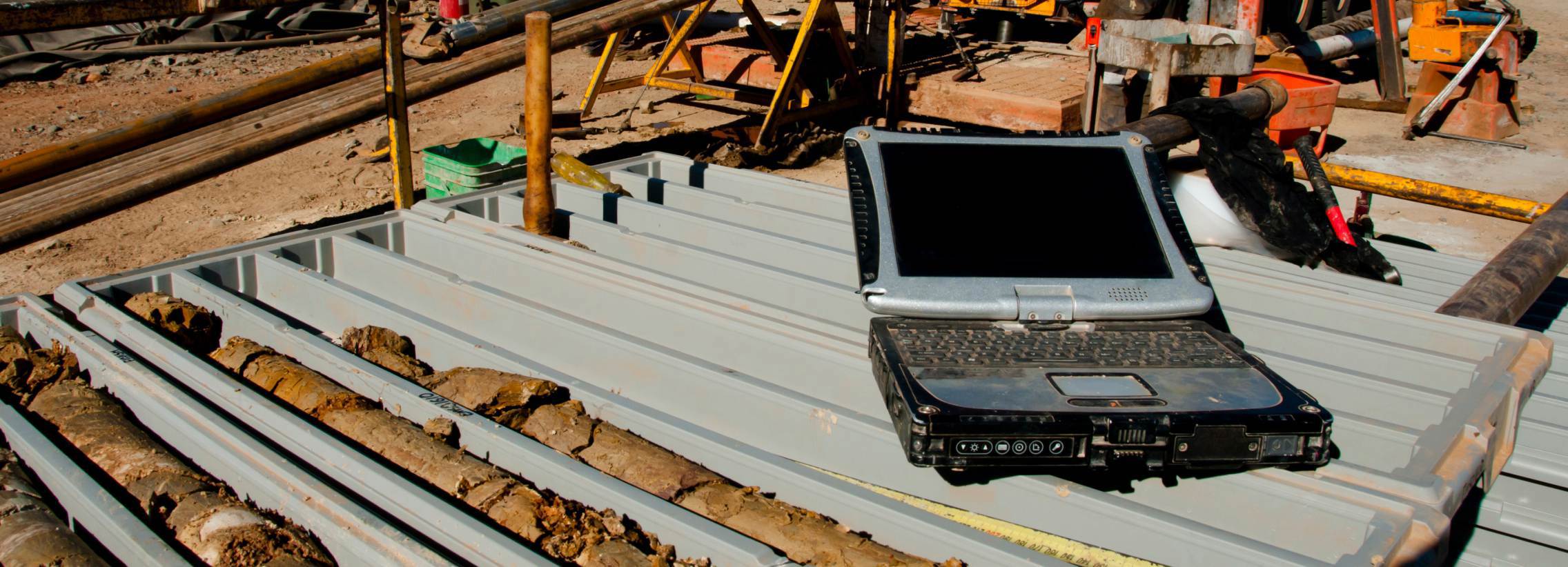 Laptop in a protective case at a mining site